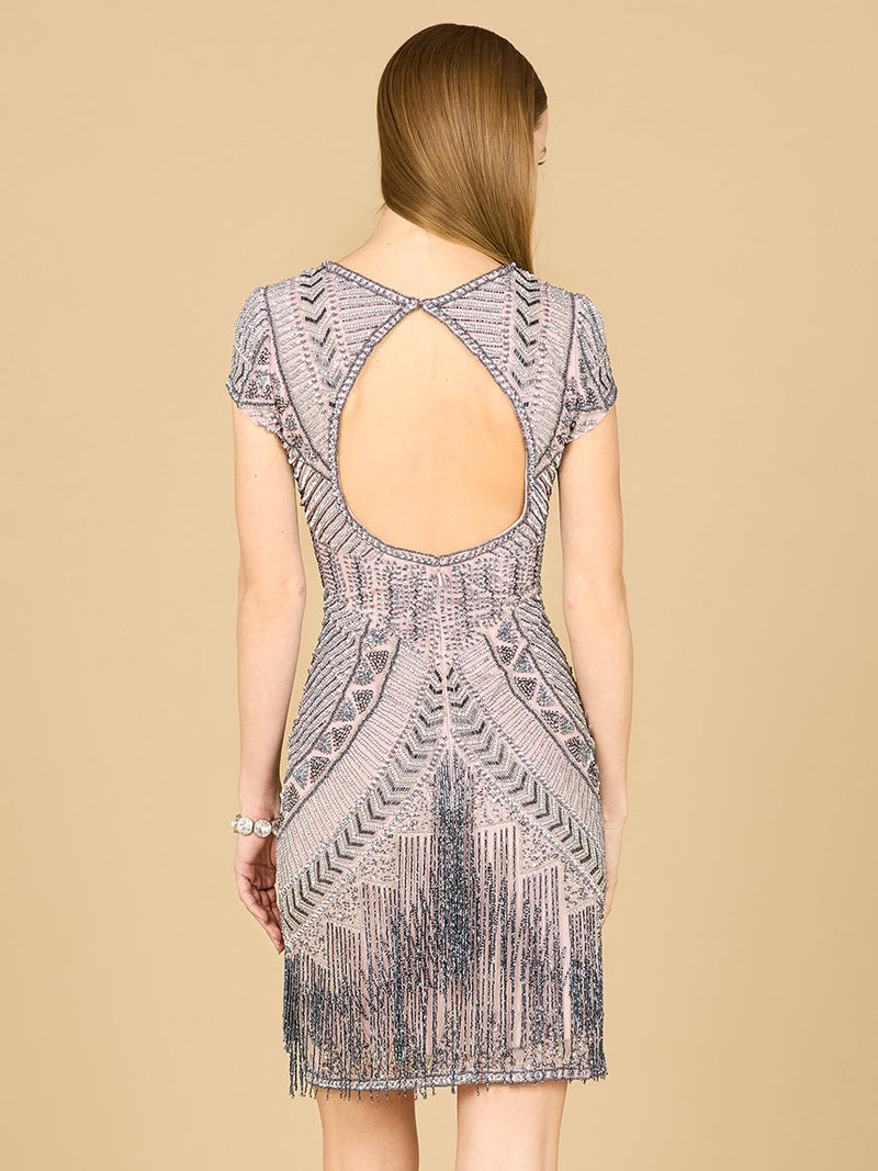 Lara Brooklyn Beaded Fitted Short Dress with Open Back