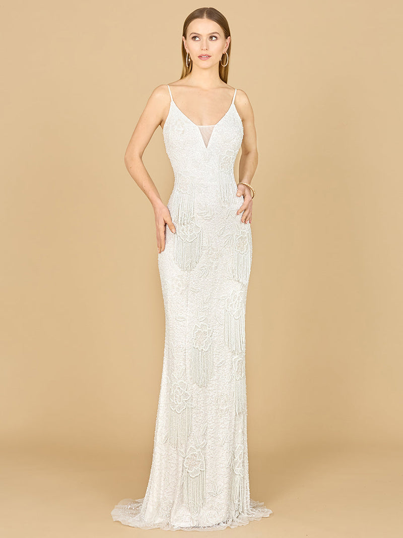 Lara Danika Floral Beaded Sheath Beaded Dress with Beaded Fringe