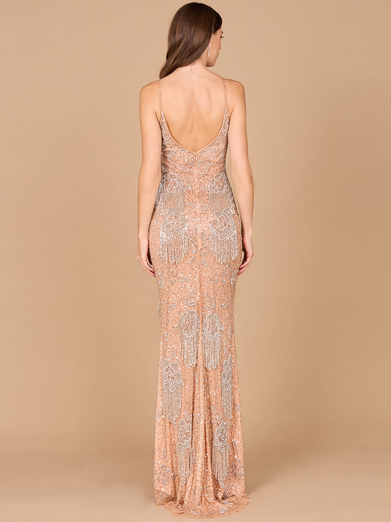 Lara Danika Floral Beaded Sheath Beaded Dress with Beaded Fringe