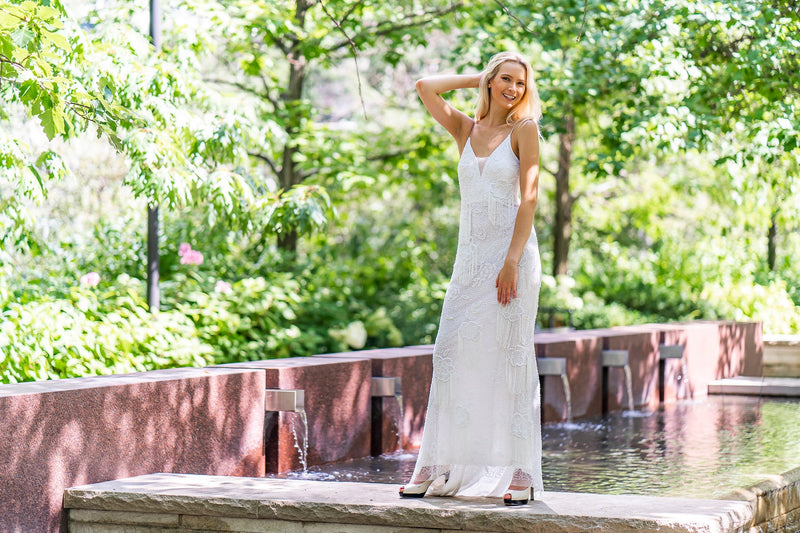 Lara Danika Floral Beaded Sheath Beaded Dress with Beaded Fringe