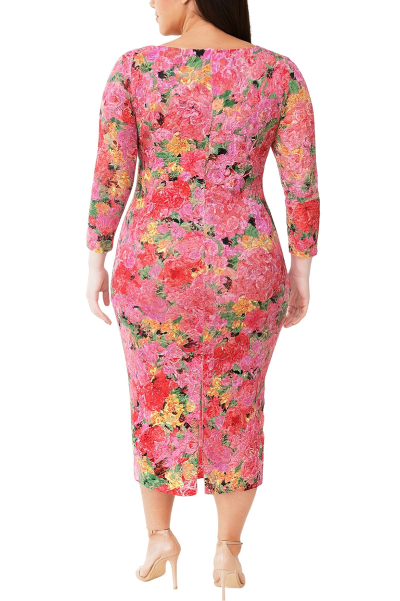 Marina Floral Lace Overlay Deep V-Neckline Long Sleeves Front Slit Fitted Pullover Midi Dress