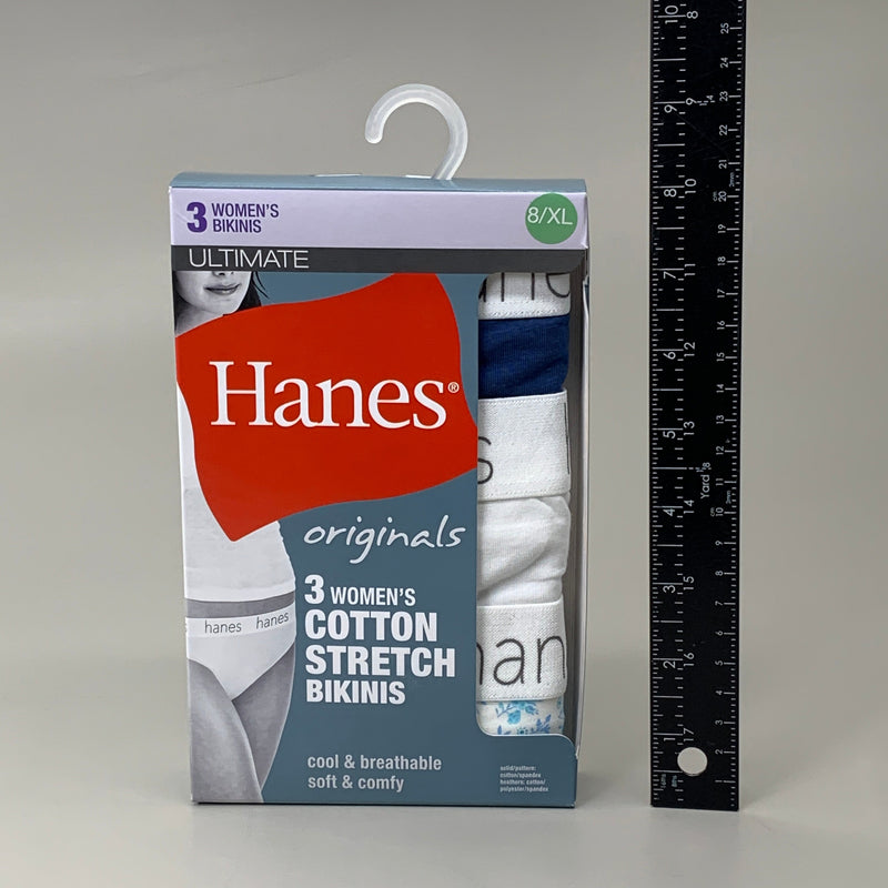 HANES 3 PACK!! Originals Women's Breathable Cotton Bikinis Underwear Sz 8/XL Navy/White/Floral 45UOBK