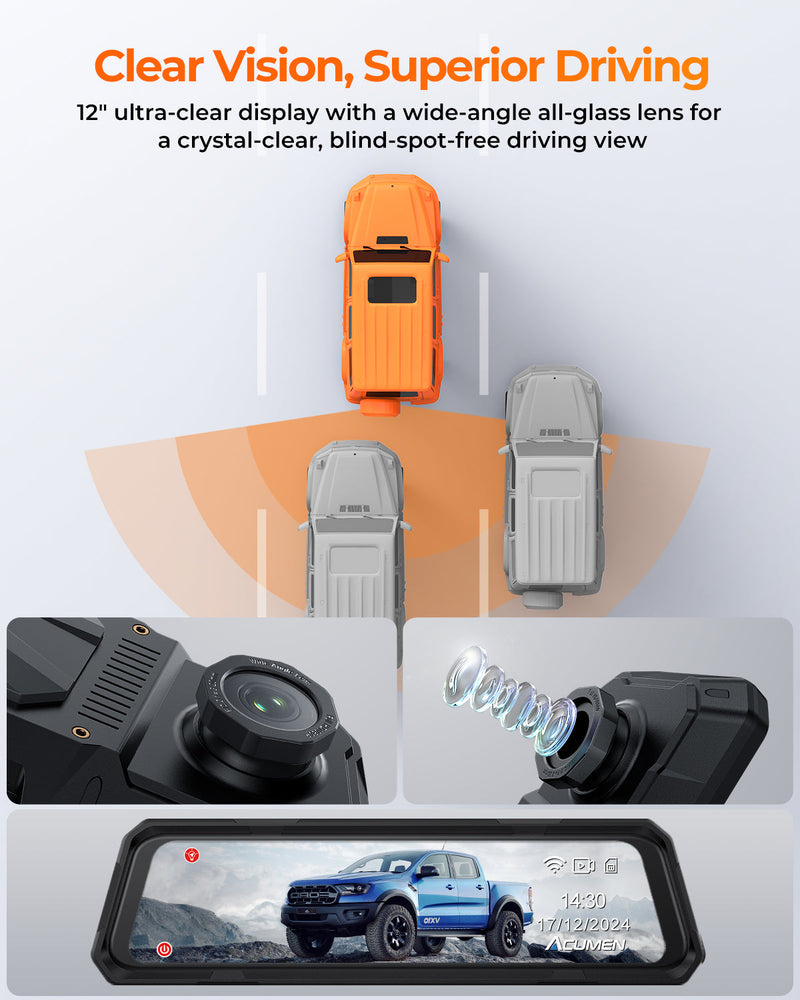 The Legend 3ch Waterproof Rear View Mirror Dash Cam with 1080P 60fps Front+ Rear+ Bumper/Cabin Cameras