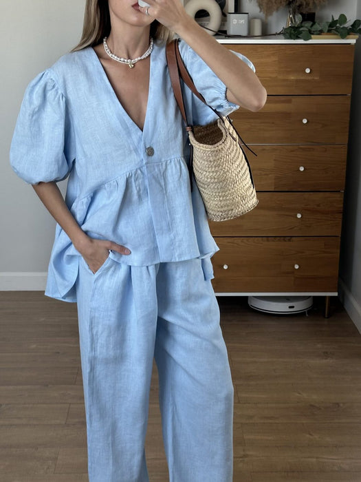 Women's Summer Casual Outfit Set - Soft Cotton V-Neck Top & Flared Short Sleeve With High-Waisted Pants Two-Piece Comfy Lounge Wear