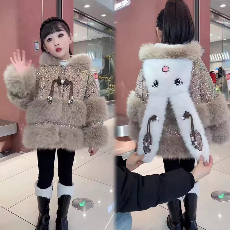 Fleece-lined Padded Faux Fur Coat For Little Girls