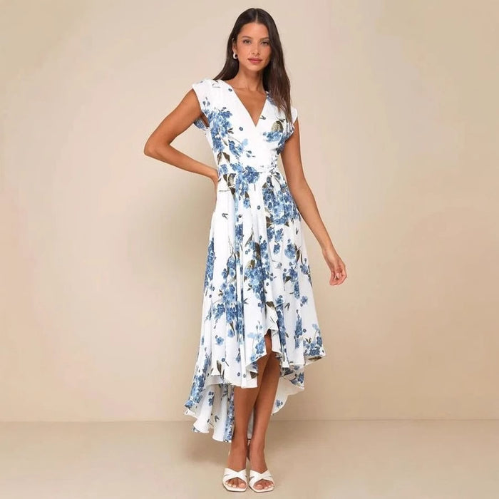 Women's Short-sleeved V-neck Digital Printing Irregular Front Short Back Length Dress