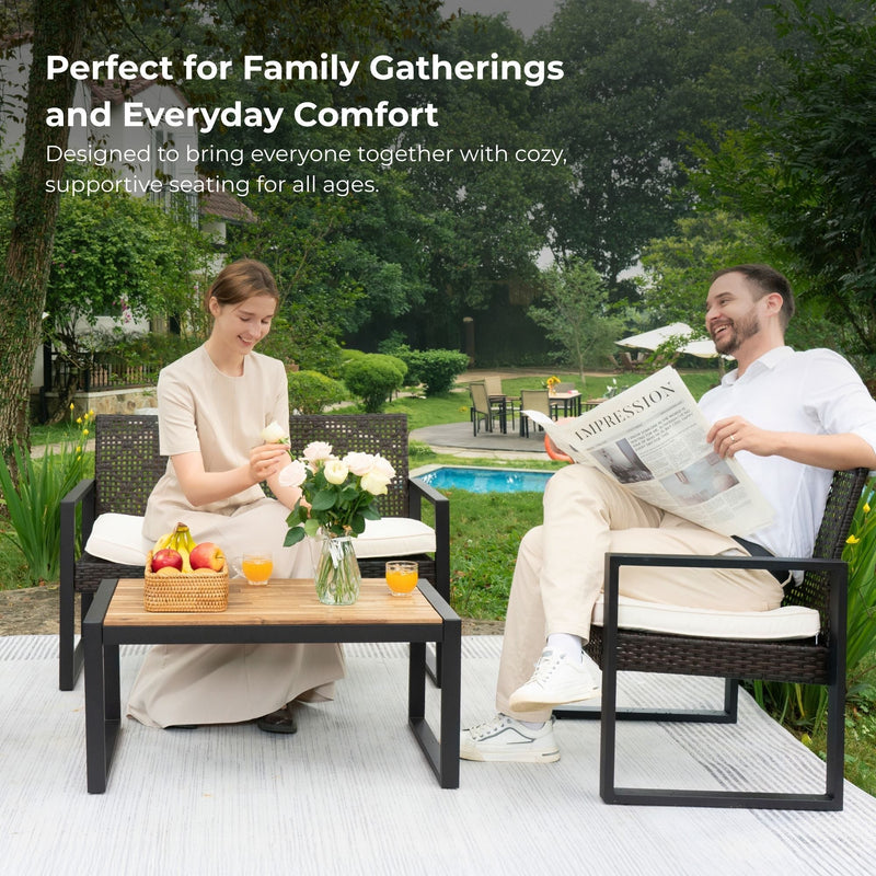4 Piece Patio Furniture Set With Acacia Wood Table Top And Cushions