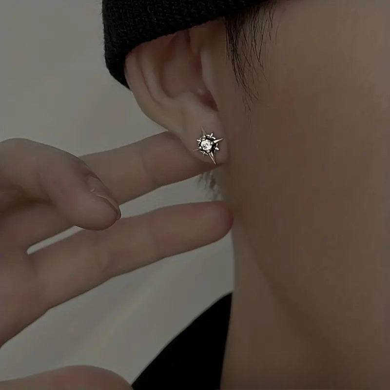 Multicolor Stainless Steel Magnetic 4-Pointed Star CZ Stud Earrings for Men Women, Round Cubic Zirconia Inlaid Magnetic Earrings Non-Piercing Clip On Stud Earring