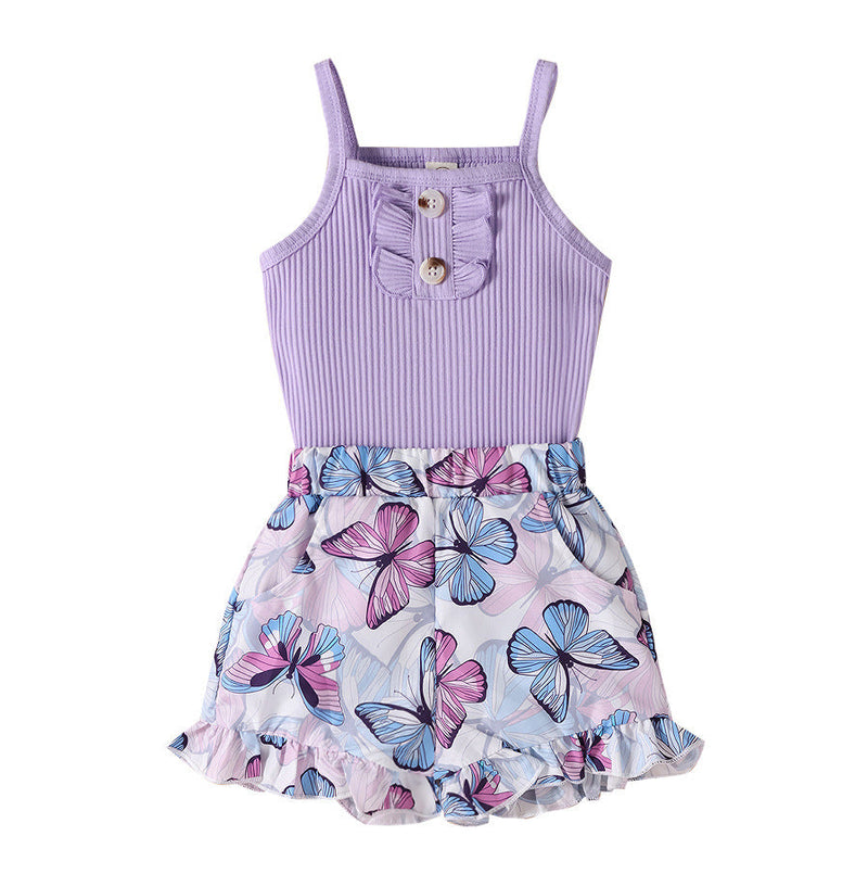 Cute Purple Strap Sunken Stripe Butterfly Shorts Two-piece Set