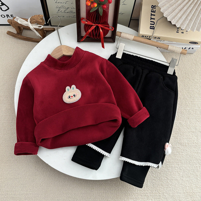 Sweatshirt Set Winter Fleece-Lined Thickened One-Piece Fleece Baby Korean-Style Fake Two-Piece Pants Set