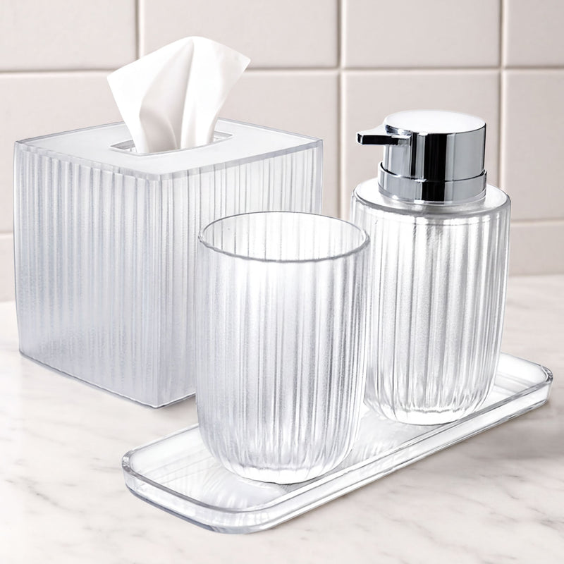 Acrylic Bathroom Set – Modern Bathroom Accessories with Soap Dispenser Pump & Tray