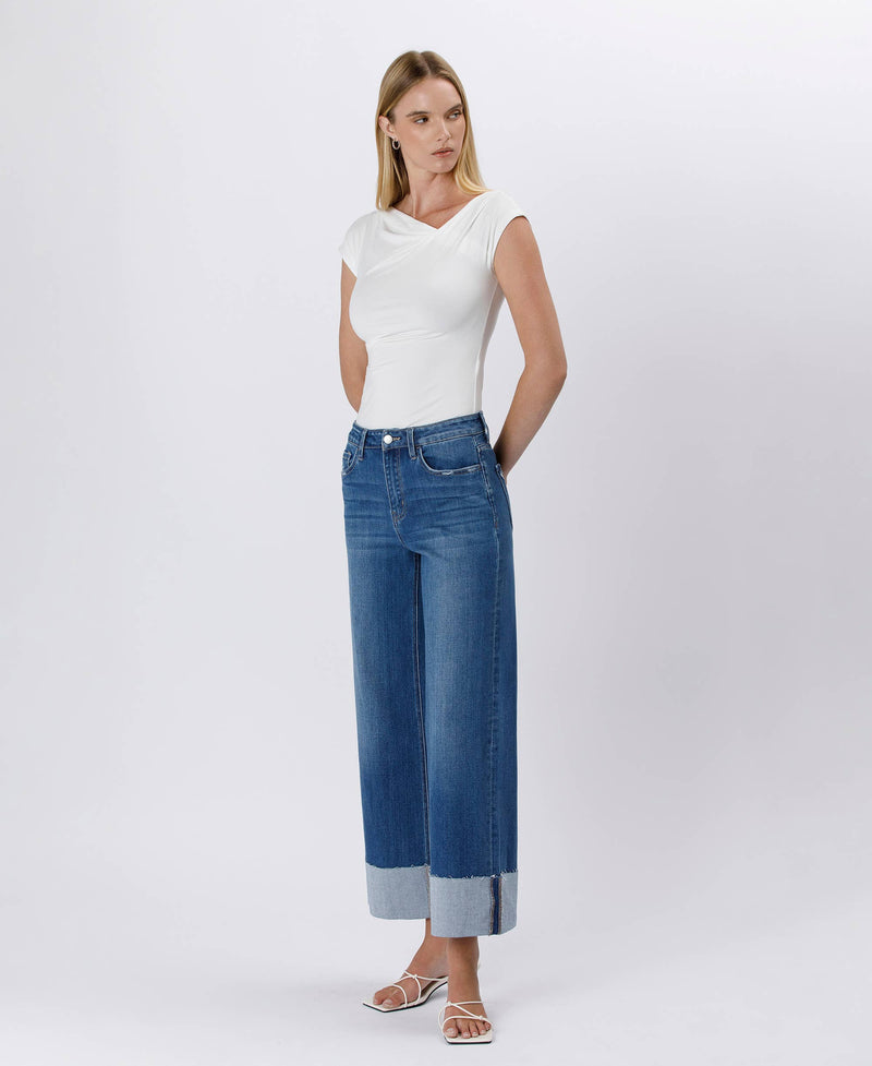 High Rise Cuffed Ankle Wide Leg Jeans