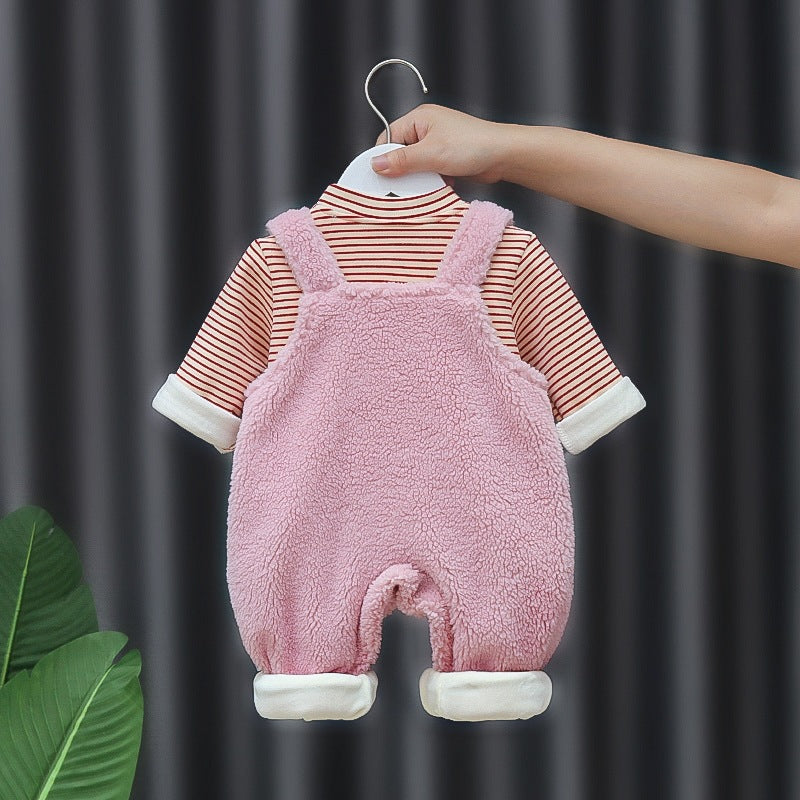 Fleece-lined Extra-thick Super-cute Warm One-piece Overalls Set