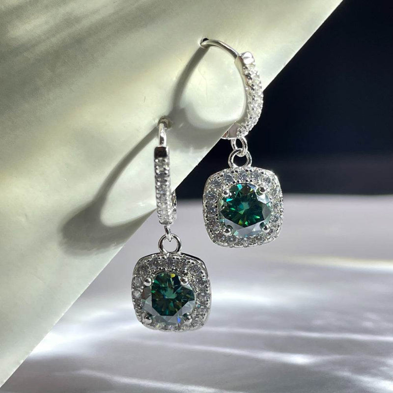 S925 Emerald Green Moissanite  or CZ Square Halo Earrings with Pavé-Set Halo & Hoop, 1ct D-Grade VVS1 Round Moissanite with GAR certification, Sterling Silver Earrings