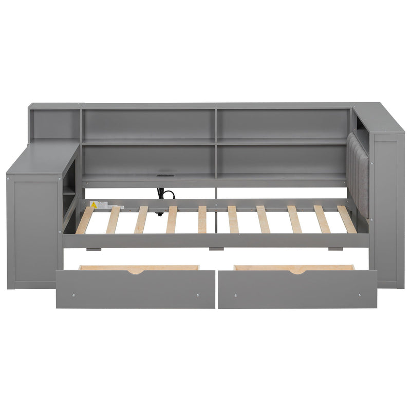 Platform Bed With Upholstered Headboard, Storage Shelves, Drawers, Charging Station, LED Lighting, Built In Desk