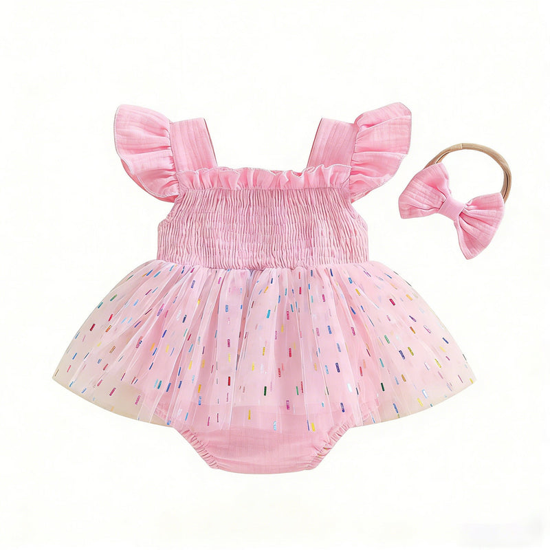 Girls And Infants Mesh Romper With A Tulle Skirt And Bow