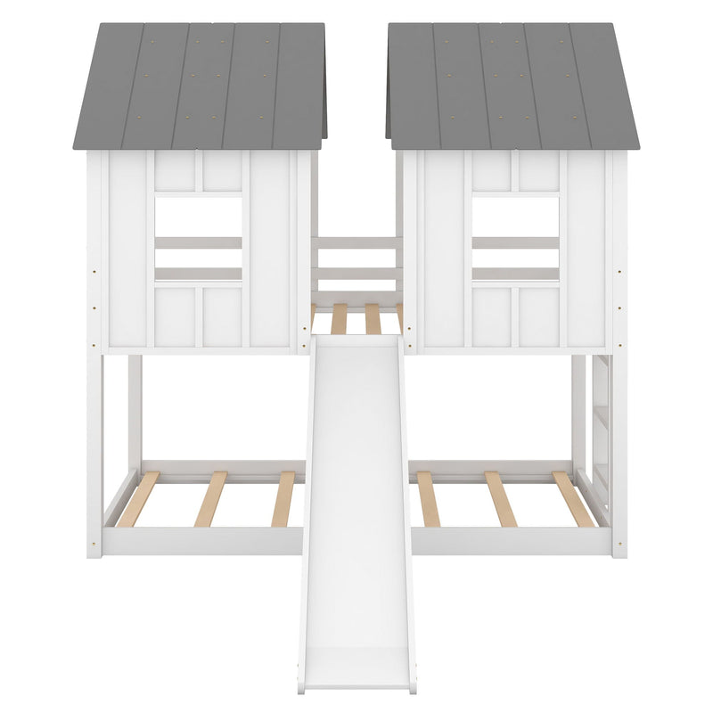 Twin Over Twin House Bunk Bed With Slide And Windows - White / Gray