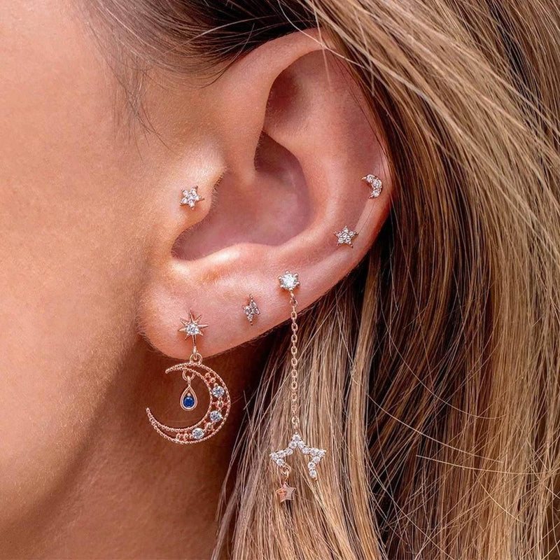 Stacking 6 Pieces Charming Starflower Links Earring Set, 18k Gold Hoop with Drops, S925 Needle, Stacked Lobe Designs with Dazzling Zirconia
