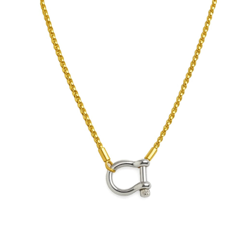 Lucky Lock Carabiner Necklace – Two-Tone Mixed Metal Horseshoe Pendant Chain
