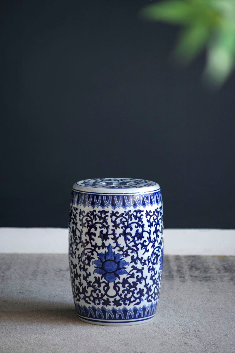 Ceramic Garden Stool, Small Side Tabel - White / Blue