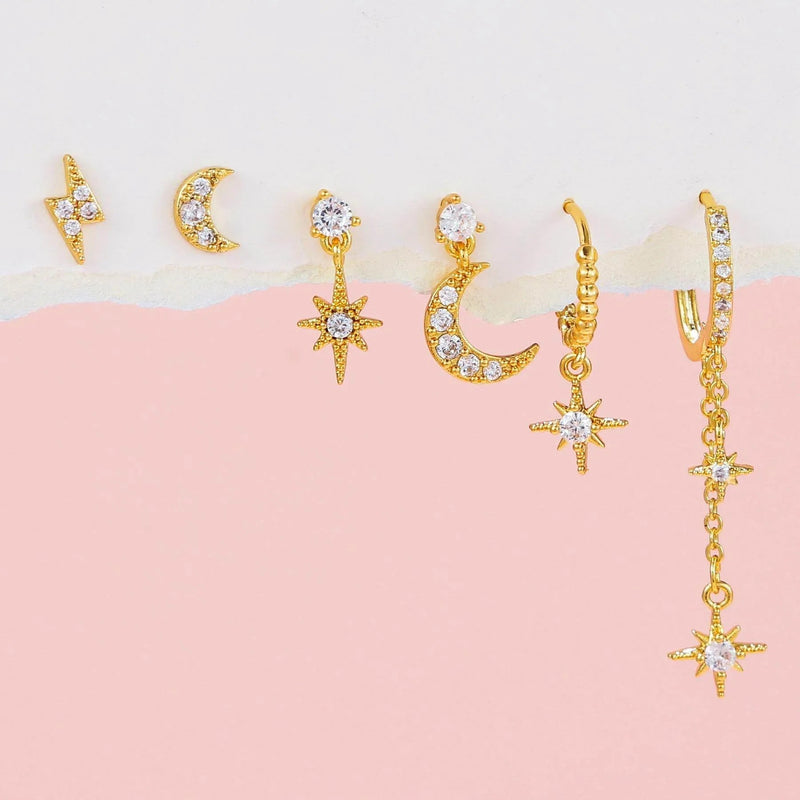 Multi Sets of Chic Star&Moon Earrings, 3-6pcs, 18k Gold Plated Stud Drop Hoop Huggie Cuff Chain, S925 Needle, Stacked Lobe Designs with Dazzling Zirconia