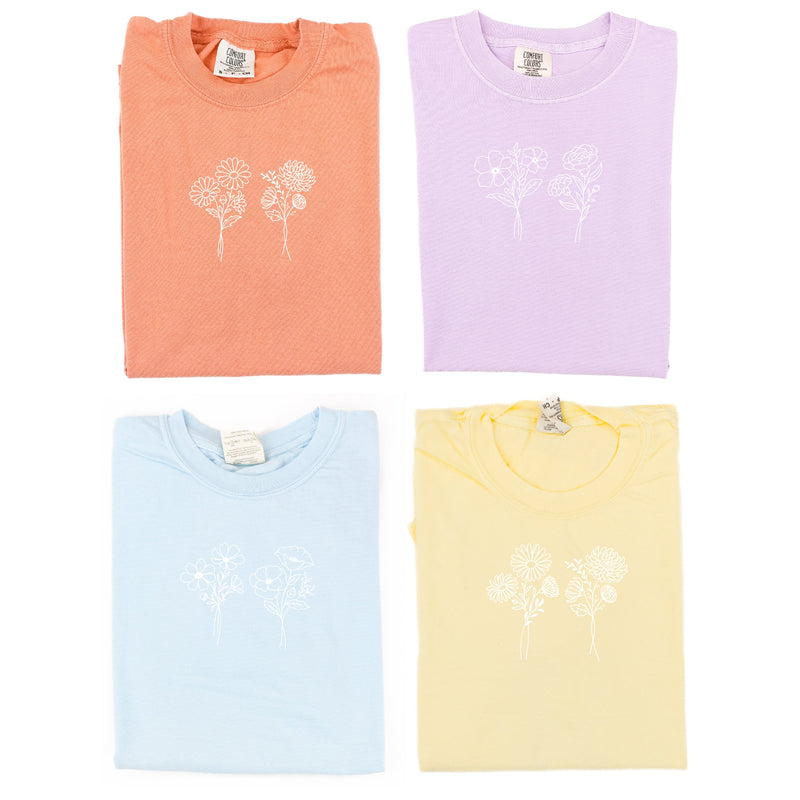Embroidered Comfort Colors Tee - 2 Birth Flower w/ White Thread (center)