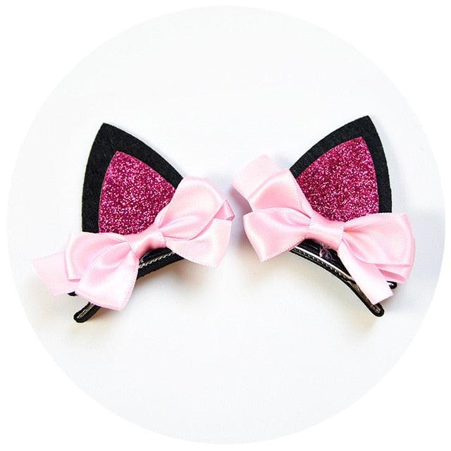 2pcs/Set Cute Hair Clips For Girls Glitter Rainbow Felt Fabric Flowers Hairpins Cat Ears Bunny Barrettes Kids Hair Accessories for Halloween Parties Cosplay for Girls