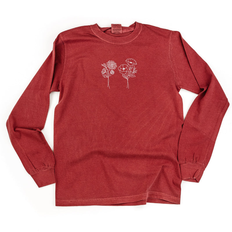Embroidered LONG SLEEVE Comfort Colors Tee - 2 Birth Flower w/ White Thread (center)