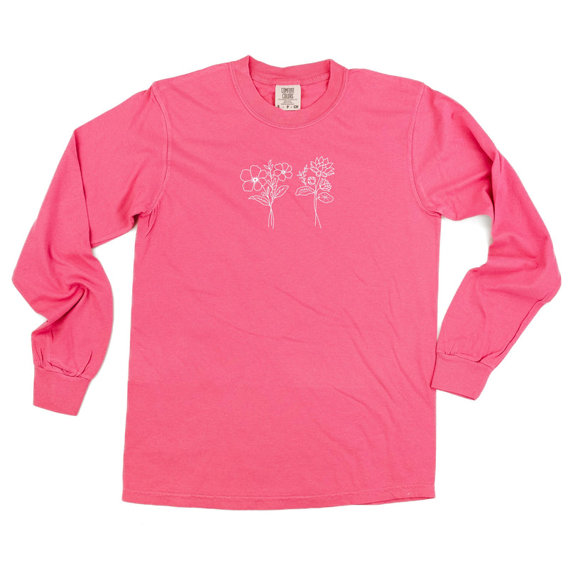 Embroidered LONG SLEEVE Comfort Colors Tee - 2 Birth Flower w/ White Thread (center)