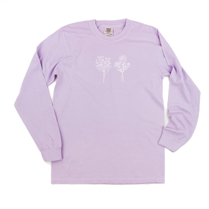 Embroidered LONG SLEEVE Comfort Colors Tee - 2 Birth Flower w/ White Thread (center)