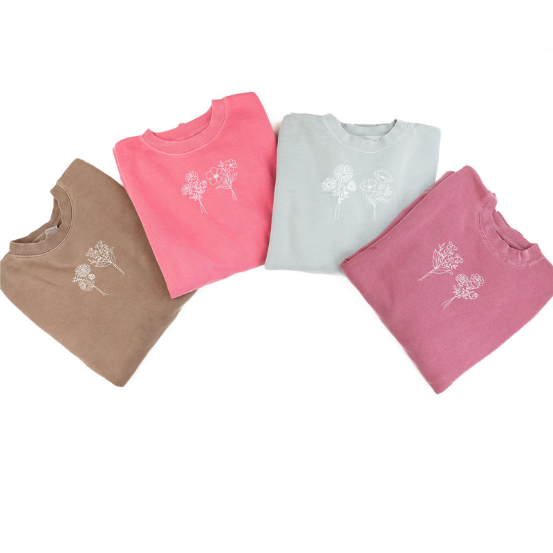 Embroidered PIGMENT Crewneck - 2 Birth Flower w/ White Thread (center)