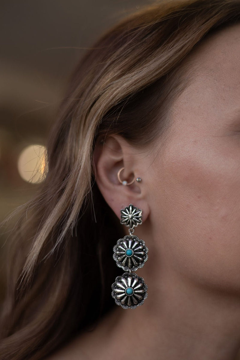 3 Concho Dangle Earrings with Faux Turquoise - 2 1/4 inch drop