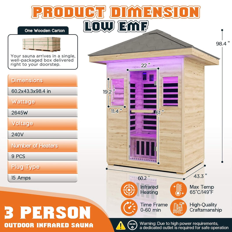 Thermora Zurich 3-Person Low EMF Spruce Wood Outdoor Infrared Sauna With Bluetooth Speakers And LED Lights (SAK59047)