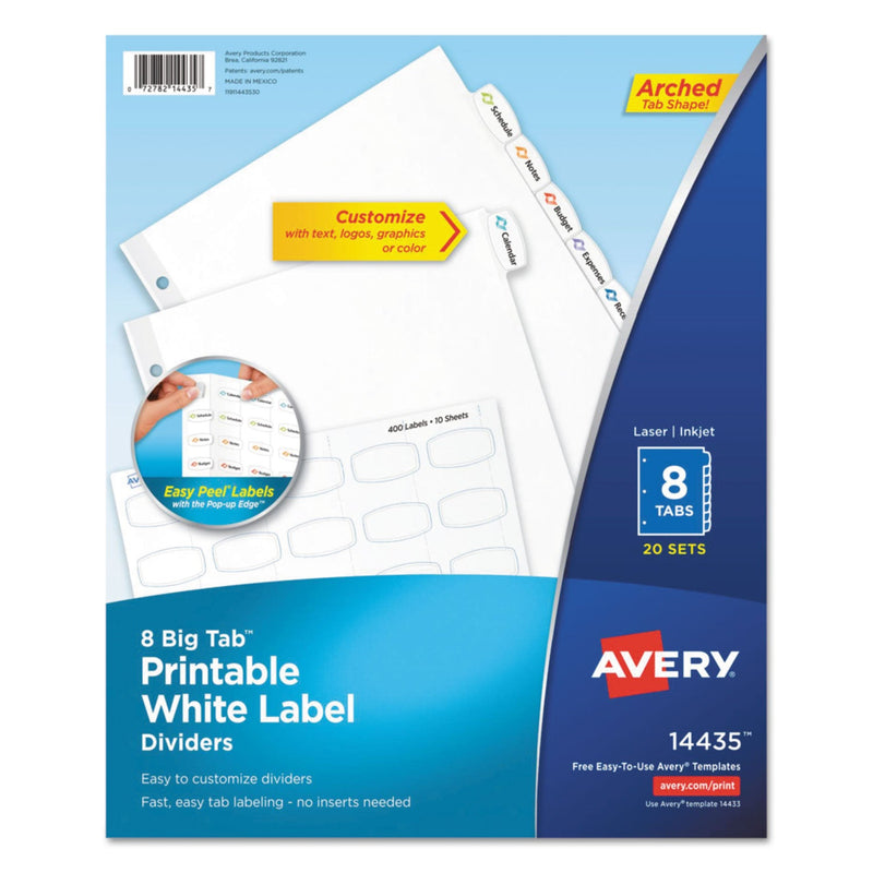 Avery Big Tab Printable White Label Tab Dividers, 8-Tab, 11 x 8.5, White, 20 Sets