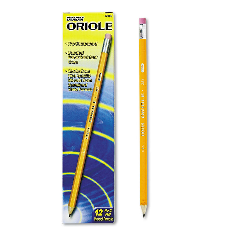 Dixon Oriole Pre-Sharpened Pencil, HB (#2), Black Lead, Yellow Barrel, Dozen