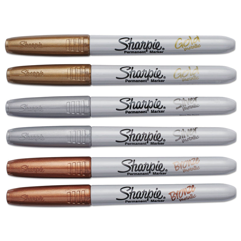 Sharpie Metallic Fine Point Permanent Markers, Fine Bullet Tip, Gold-Silver-Bronze, 6/Pack