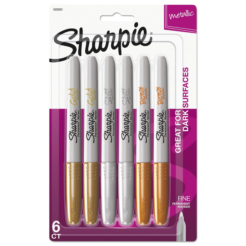 Sharpie Metallic Fine Point Permanent Markers, Fine Bullet Tip, Gold-Silver-Bronze, 6/Pack