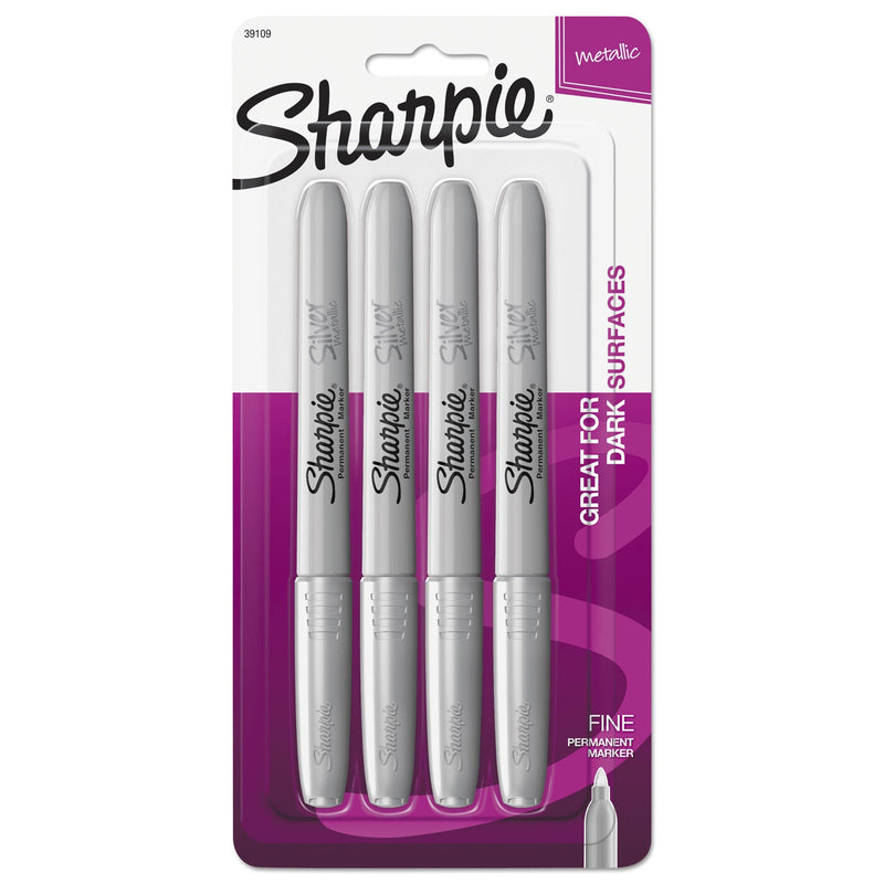 Sharpie Metallic Fine Point Permanent Markers, Fine Bullet Tip, Metallic Silver, 4/Pack