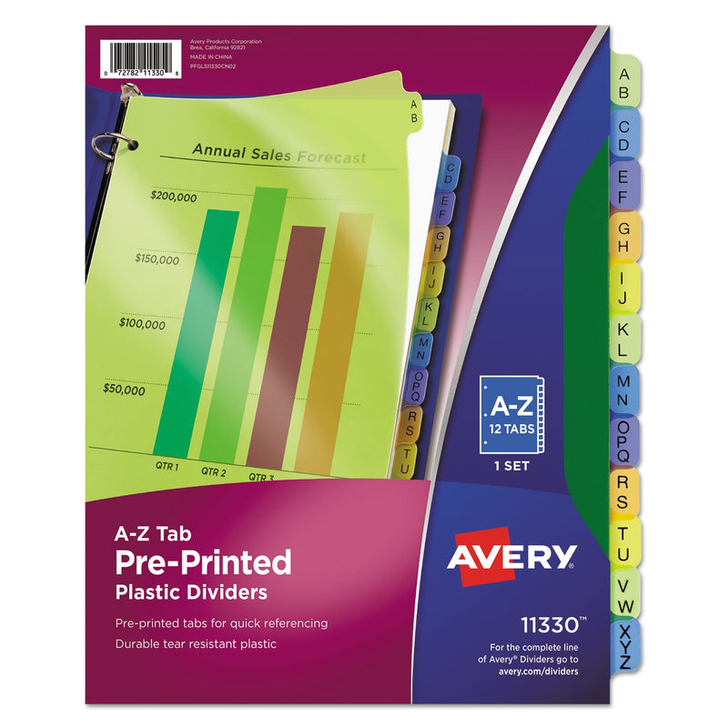 Avery Durable Preprinted Plastic Tab Dividers, 12-Tab, A to Z, 11 x 8.5, Assorted, 1 Set