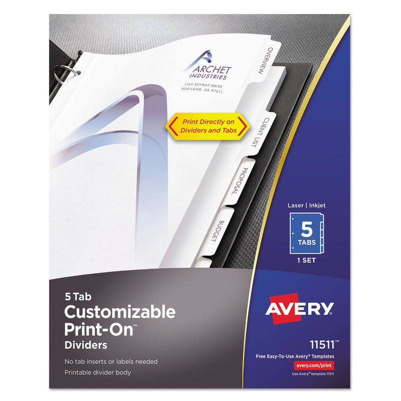 Avery Customizable Print-On Dividers, 3-Hole Punched, 5-Tab, 11 x 8.5, White, 1 Set
