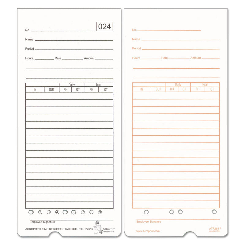 Acroprint Time Clock Cards for Acroprint ATR480, Two Sides, 7.5 x 3.35, 50/Pack