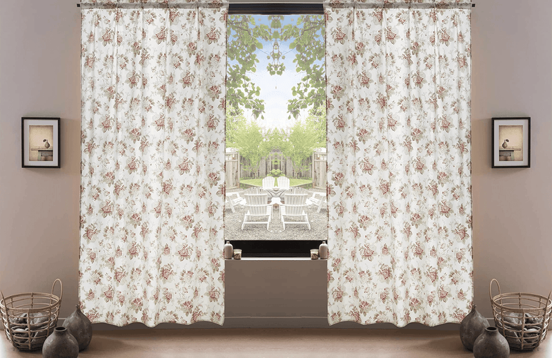 DaDa Bedding Set of 2-Pieces Hint of Mint Dainty Floral Pink Roses Cottage Sheer Window Panel Curtains (JHW3036)