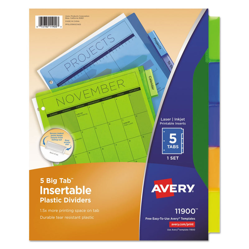 Avery Insertable Big Tab Plastic Dividers, 5-Tab, 11 x 8.5, Assorted, 1 Set