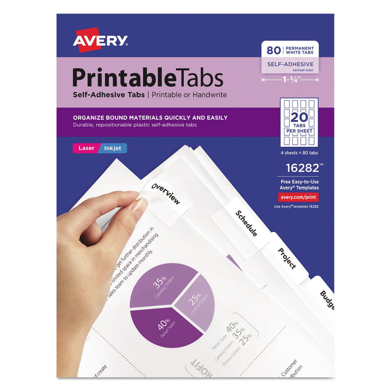 Avery Printable Plastic Tabs with Repositionable Adhesive, 1/5-Cut, White, 1.75" Wide, 80/Pack