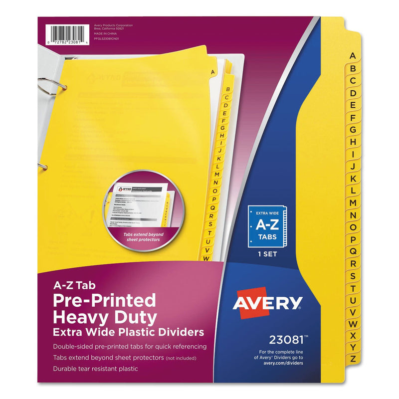 Avery Heavy-Duty Preprinted Plastic Tab Dividers, 26-Tab, A to Z, 11 x 9, Yellow, 1 Set