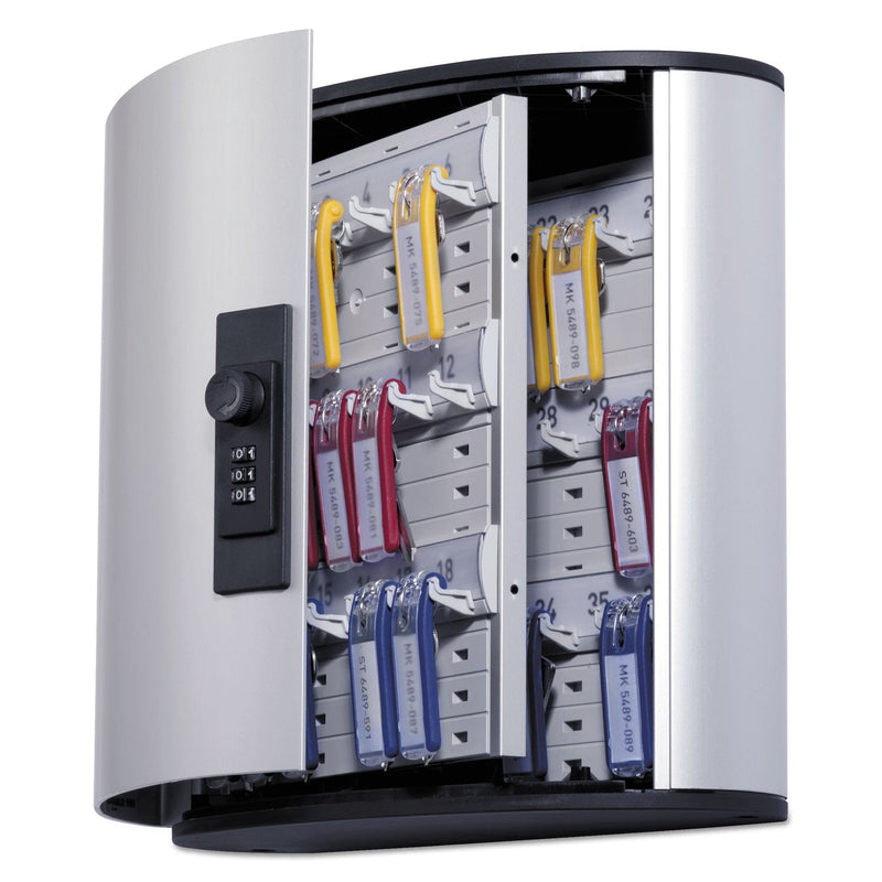 Durable Locking Key Cabinet, 36-Key, Brushed Aluminum, Silver, 11.75 x 4.63 x 11