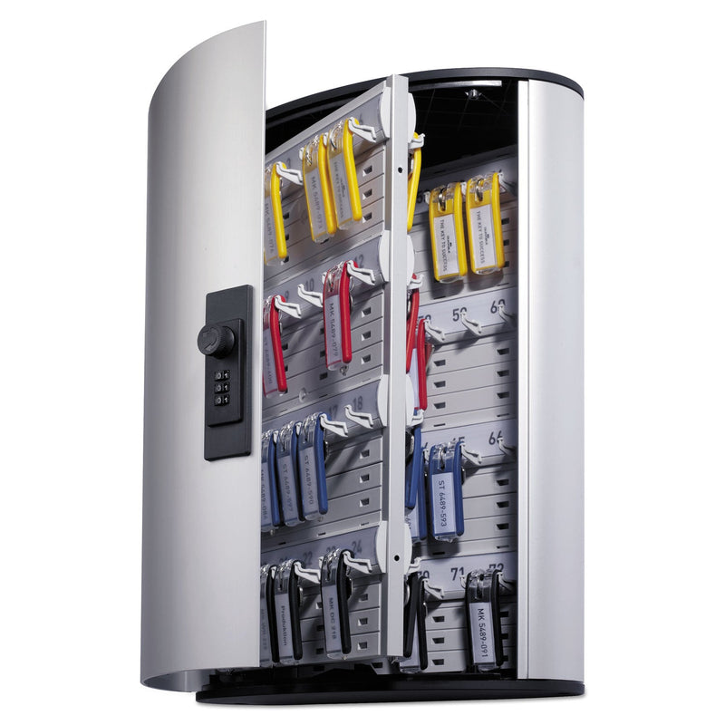 Durable Locking Key Cabinet, 72-Key, Brushed Aluminum, Silver, 11.75 x 4.63 x 15.75