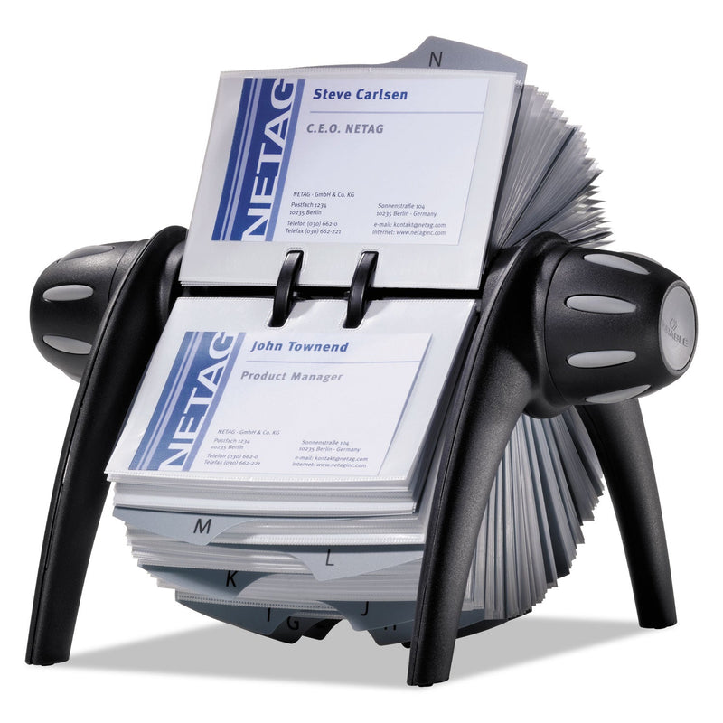 Durable VISIFIX Flip Rotary Business Card File, Holds 400 2.88 x 4.13 Cards, 8.75 x 7.13 x 8.06, Plastic, Black/Silver