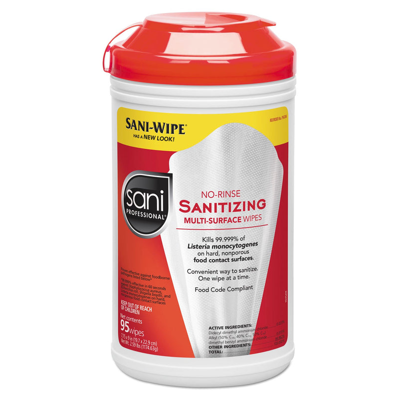 Sani Professional No-Rinse Sanitizing Multi-Surface Wipes, Unscented, White, 95/Container