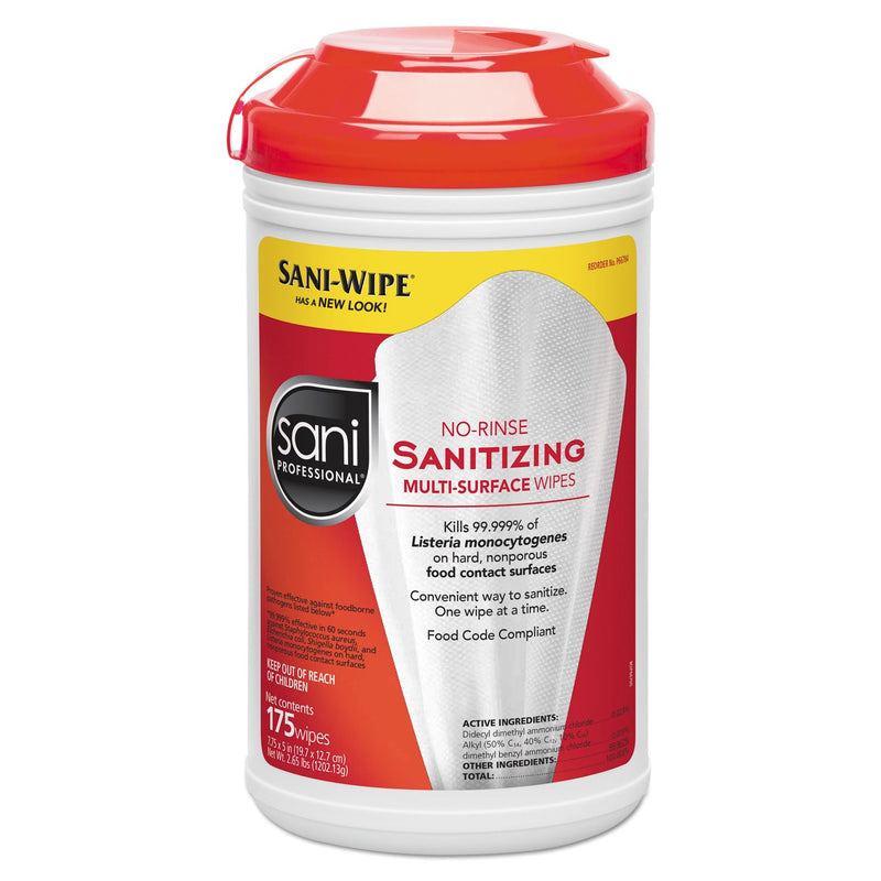 Sani Professional No-Rinse Sanitizing Multi-Surface Wipes, Unscented, White, 175/Container, 6/Carton